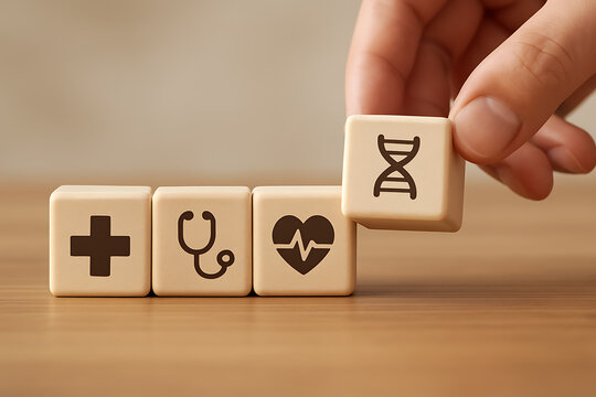 Health and medicine concept: hand adding dna symbol cube next to blocks displaying cross, stethoscope, and heart icons on a wooden surface