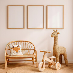 Kids Room Minimalist Interior with Empty Frames and Neutral Decor