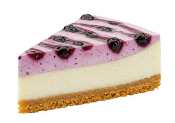 Isolated slice of delicious blueberry cheesecake, a tasty dessert with a crumb crust and fruit topping