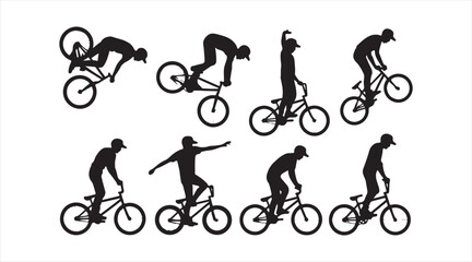 Fototapeta premium Monochrome vector set of BMX athletes performing aerial and ground stunts