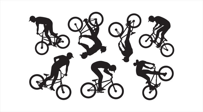 Freestyle bicycle trick icon pack with riders in various action poses