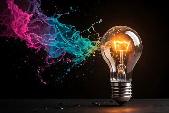 A glowing light bulb with vibrant colorful paint exploding from within