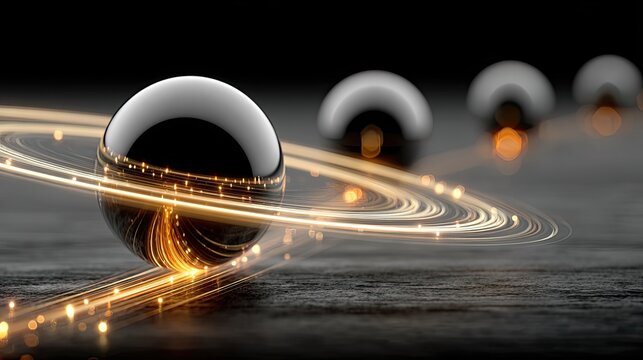 A set of three polished metal spheres in orbit around a central, larger, glowing sphere, representing a core product and its supporting services ecosystem 