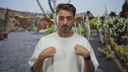 Man standing pointing finger to white shirt front in green park with cactus garden path; confidence.