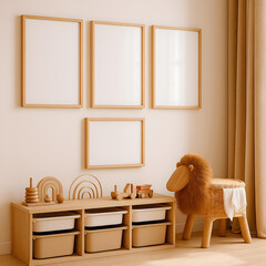 Kids Room Minimalist Interior with Empty Frames and Neutral Decor
