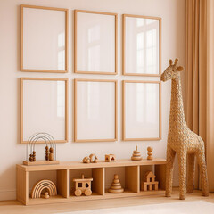 Kids Room Minimalist Interior with Empty Frames and Neutral Decor