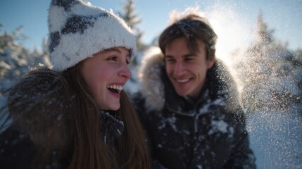 Snow-dappled joy of young Caucasian couple frolicking in winter's embrace, evoking Yule celebrations and whimsical snow-laughter tales
