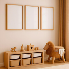 Kids Room Minimalist Interior with Empty Frames and Neutral Decor