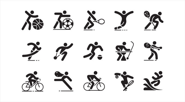 Multisport athlete silhouette icon set featuring diverse action poses in vector style