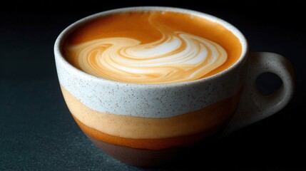 Close-up of a cup of coffee. the cup is white with a brown rim and has a handle on the right side. the coffee is a light orange color with a swirl pattern on the surface.