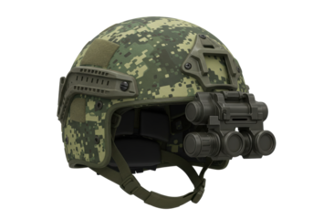 Isolated camouflage combat helmet with night vision googles tactical military equipment