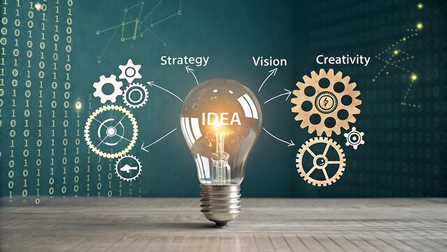 Bright idea concept with gears a lightbulb and digital matrix background