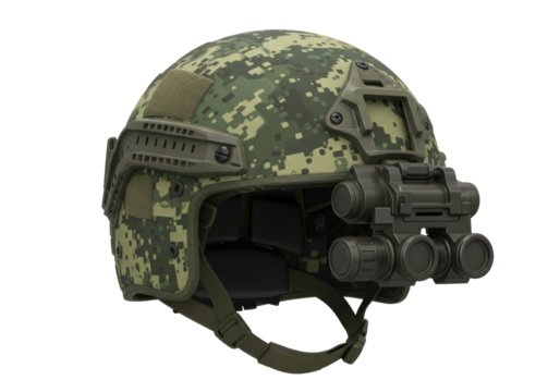 Isolated camouflage combat helmet with night vision googles tactical military equipment