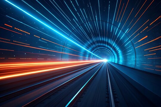 A futuristic tunnel with vibrant blue and orange light streaks inside