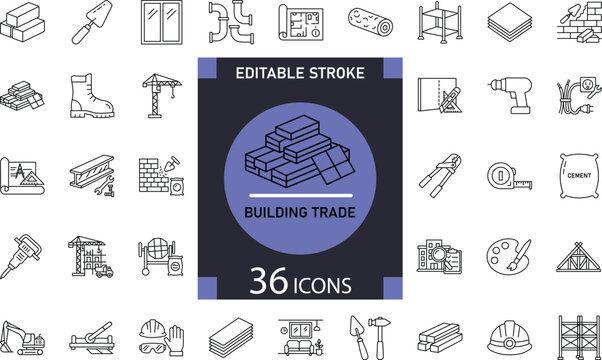 Minimal Building Trade line icons featuring construction tools, brickwork, carpentry, plumbing, electrical work, roofing, and contractor essentials