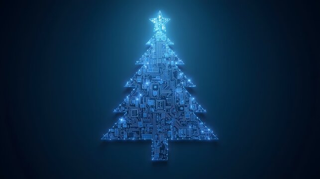 Illuminated holiday tree, a technological marvel with glowing blue circuit board design, and star topper.