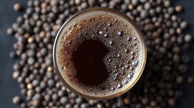 Close-up of a glass of dark beer. the glass is filled to the brim with the dark beer, which has a frothy texture and bubbles on top.