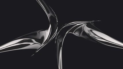 Abstract chrome fluid form with dynamic reflective curves against a deep backdrop, creating a modern, sleek design.