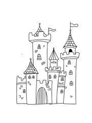 Obraz premium fairy tale castle doodle illustration with whimsical towers and flags