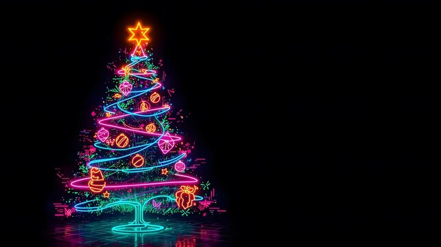 Radiant holiday spirit illuminated in neon glow, a modern Christmas tree celebration for all to see. - Powered by Adobe