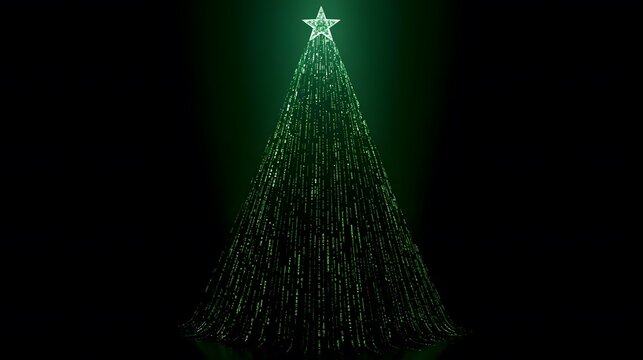 A digital emerald cascade flows upward, forming a tree shape, crowned by a radiant five-pointed star.