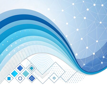 Abstract blue wave design with network connections and geometric shapes
