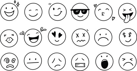 Collection of hand drawn smiley faces expressing diverse emotions