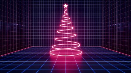 Radiant Christmas Tree on Grid Background, Luminous Design, Bright Colors and Spiraling, Holiday Season.