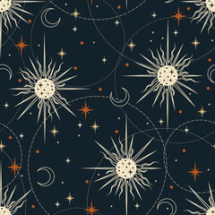 Vector seamless pattern with sun and stars. Mystical esoteric background for design of fabric, packaging, astrology, phone case, wrapping paper.