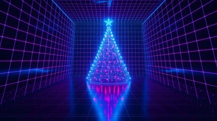 A glowing holiday tree shines brightly in a neon grid space, radiating cheer and vibrant colors.