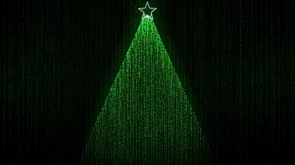 Digital evergreen shines amid a cascade of binary code, a festive symbol in a modern world.