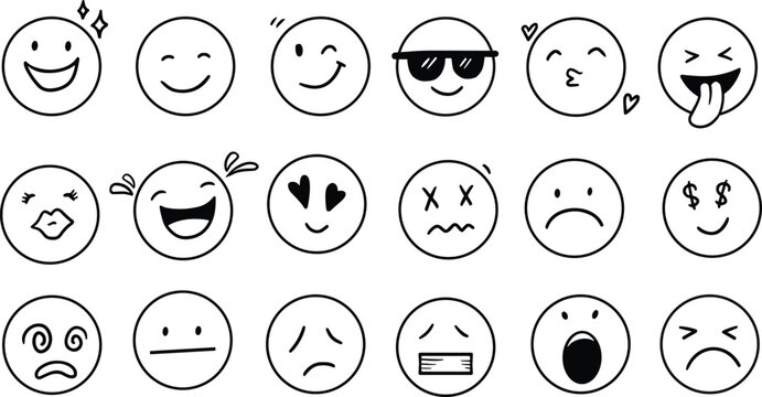 Collection of hand drawn smiley faces expressing diverse emotions