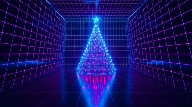 A glowing holiday tree shines brightly in a neon grid space, radiating cheer and vibrant colors.