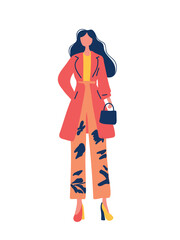 standing stylish woman with trendy clothes and modern accessories