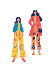 fashion illustration of two stylish women walking outdoors in bright scene