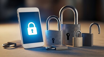 Conceptual image of mobile cybersecurity, showing a smartphone with a glowing padlock icon alongside physical locks to represent data protection from digital threats