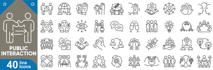 Public interaction icons set. Communication, crowd, announcement, social, community, speaking, gathering, interaction, presentation, public talk, events, and more symbols.
