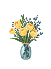 bright bouquet of yellow tulips in a clear glass vase
