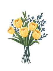 bright bouquet of yellow tulips with fresh green stems