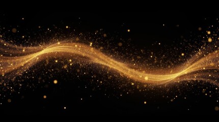 Golden glowing particle stream forming dynamic shimmering abstract wave on dark background.