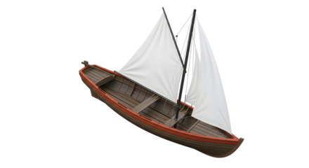 Wooden rowboat with white sails and orange trim on a dark background isolated on a transparent background