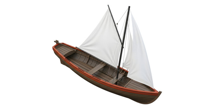 Wooden rowboat with white sails and orange trim on a dark background isolated on a transparent background
