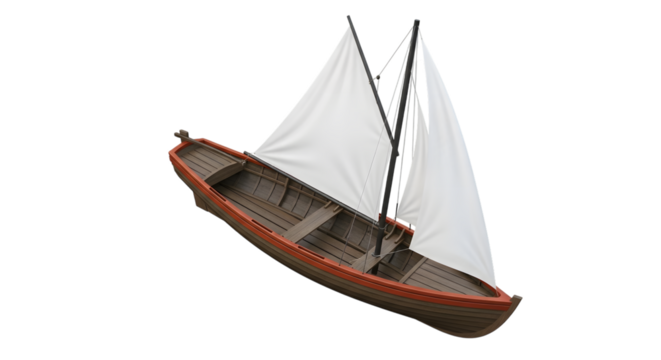 Wooden rowboat with white sails and orange trim on a dark background isolated on a transparent background - Powered by Adobe