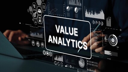 Business Professional Analyzing Data with Value Analytics Concept on Digital Screen in Modern Office Environment. Asymptotic smart data analytic.