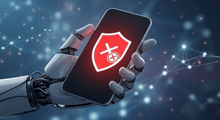Artificial intelligence and cybersecurity concept, a robot hand holds a smartphone with a red shield icon symbolizing a detected threat, virus, or data vulnerability