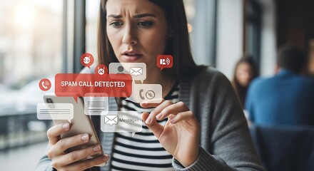 A concerned woman receives a spam call detected notification on her smartphone, highlighting mobile security and digital scams