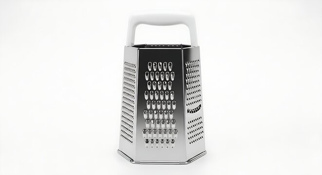 Isolated vertical shot of a new four-sided grater with a white handle, suitable for e-commerce kitchen product listings.