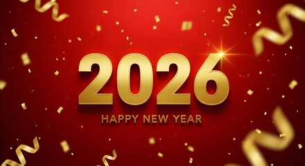 Golden 2026 happy new year text with falling confetti and streamers on red background