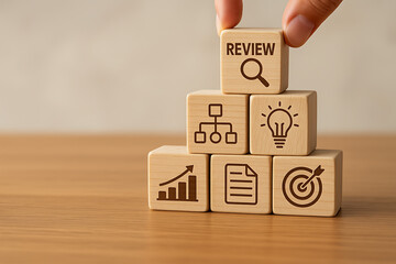 Review word on wooden block stack with business icons, process analysis, business strategy, audit, planning, idea generation, financial growth, target goals, success