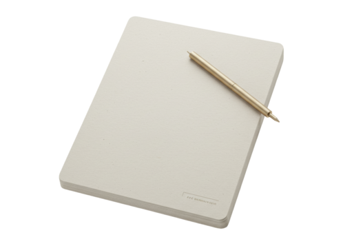 Isolated notebook with blank pages and a stylish pen for notes and writing on flat surface